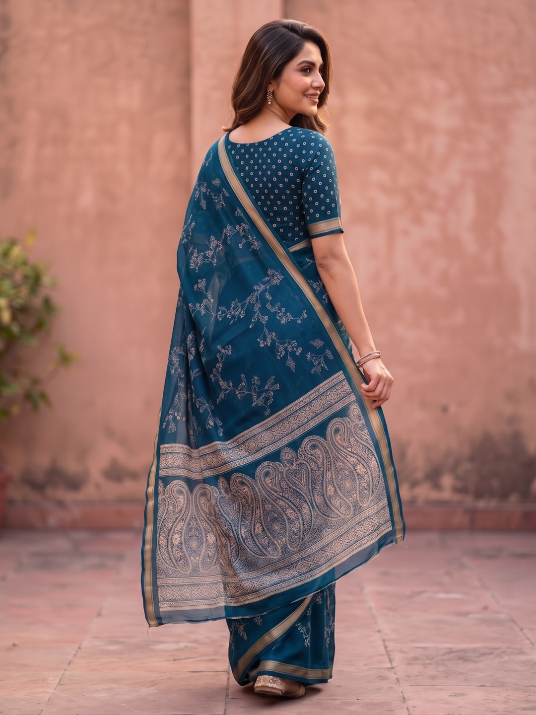 Peachmode Peacock Blue Floral Paisley Moss Georgette Digital Printed Saree With Zari Border - Image 2