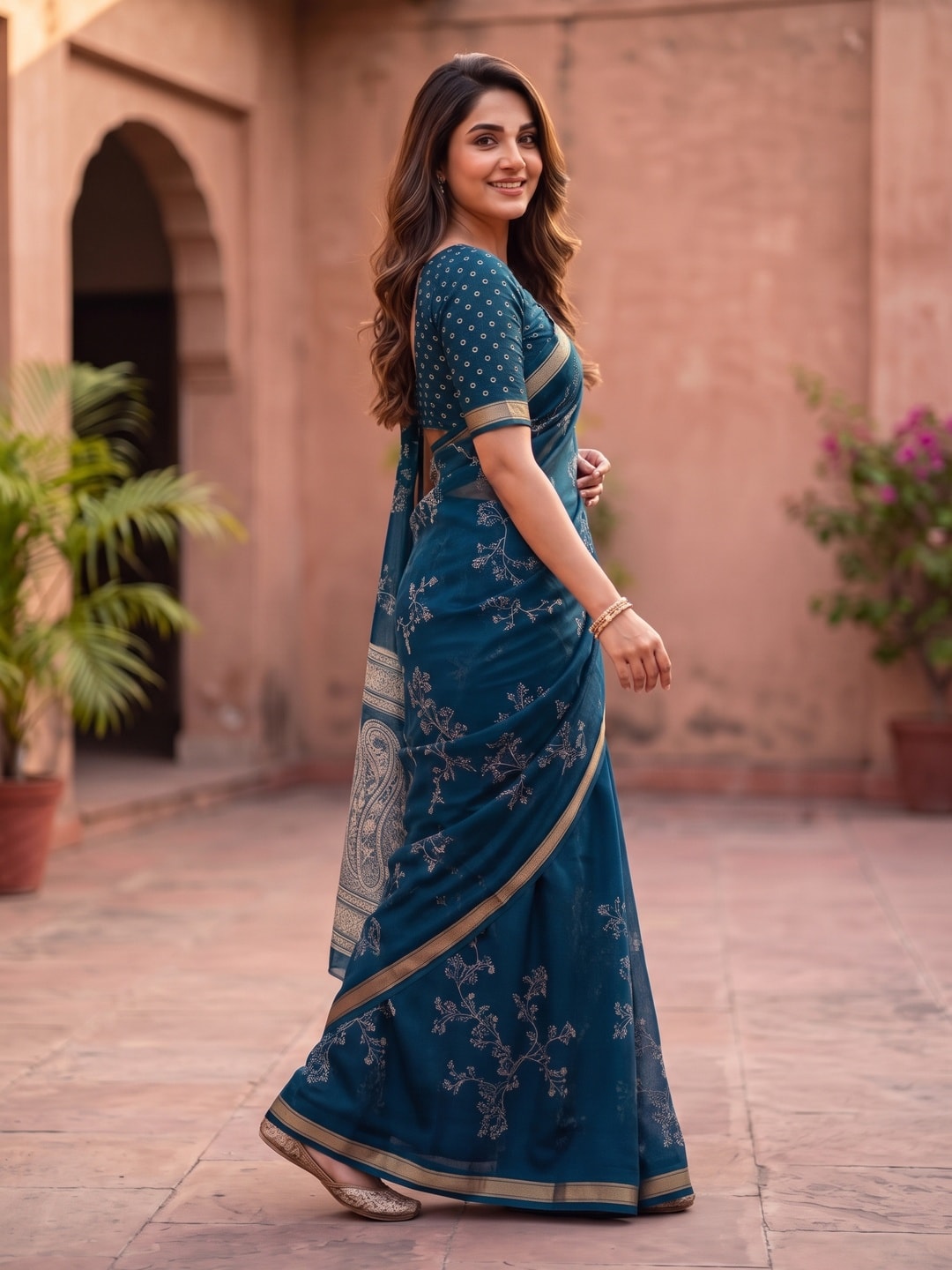 Peachmode Peacock Blue Floral Paisley Moss Georgette Digital Printed Saree With Zari Border - Image 3