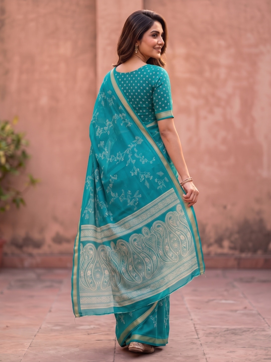 Peachmode Turquoise Floral Paisley Moss Georgette Digital Printed Saree With Zari Border - Image 2