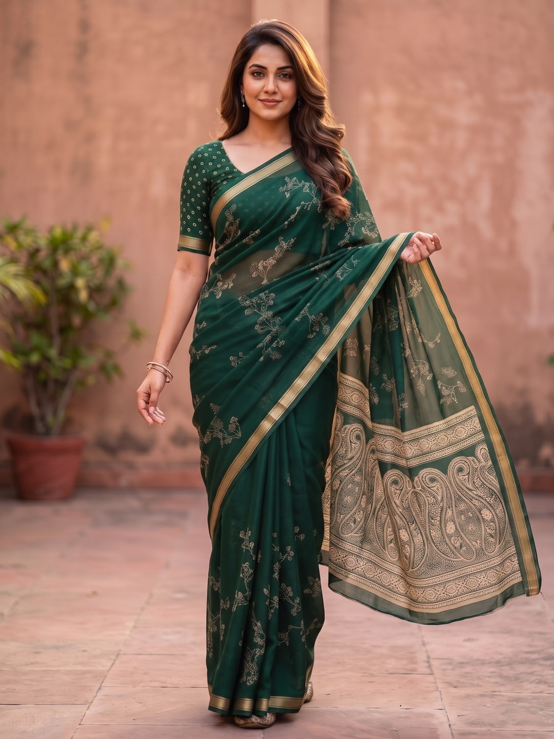 Peachmode Bottle Green Floral Paisley Moss Georgette Digital Printed Saree With Zari Border - Image 1