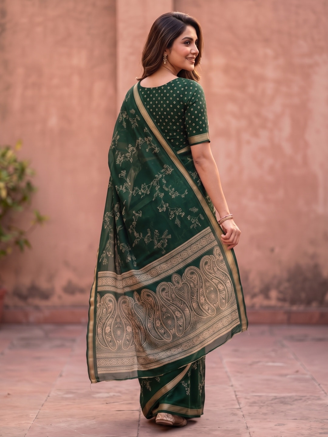 Peachmode Bottle Green Floral Paisley Moss Georgette Digital Printed Saree With Zari Border - Image 2