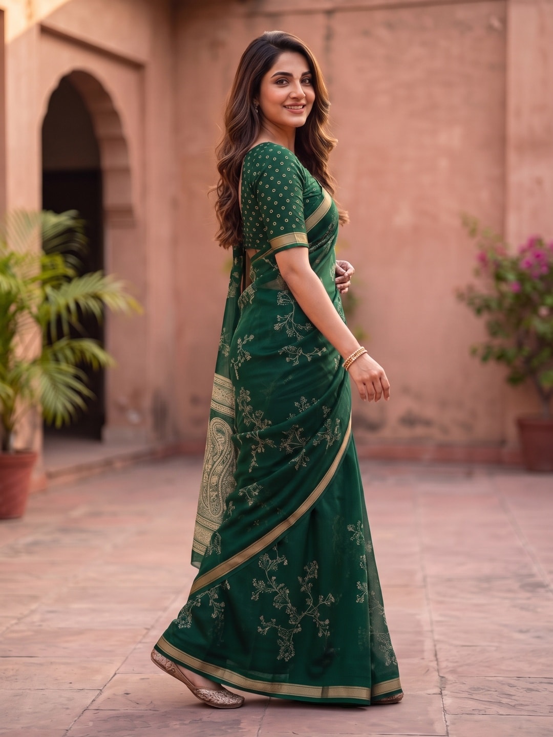 Peachmode Bottle Green Floral Paisley Moss Georgette Digital Printed Saree With Zari Border - Image 3
