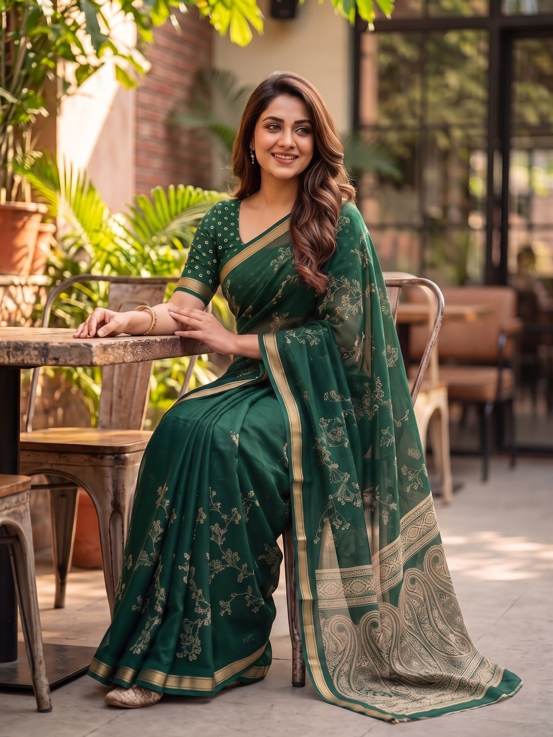 Peachmode Bottle Green Floral Paisley Moss Georgette Digital Printed Saree With Zari Border - Image 5