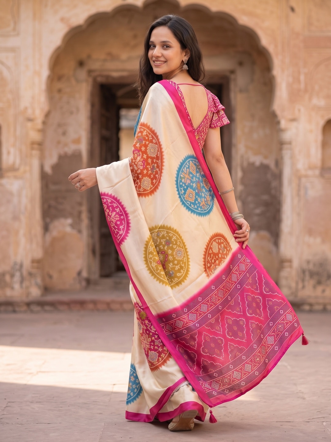 Peachmode Pink Patola Print Chinon Saree - Image 2