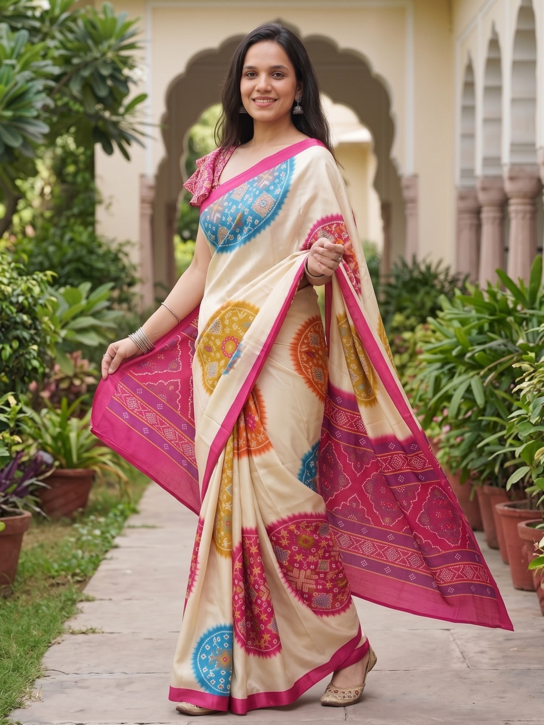 Peachmode Pink Patola Print Chinon Saree - Image 3