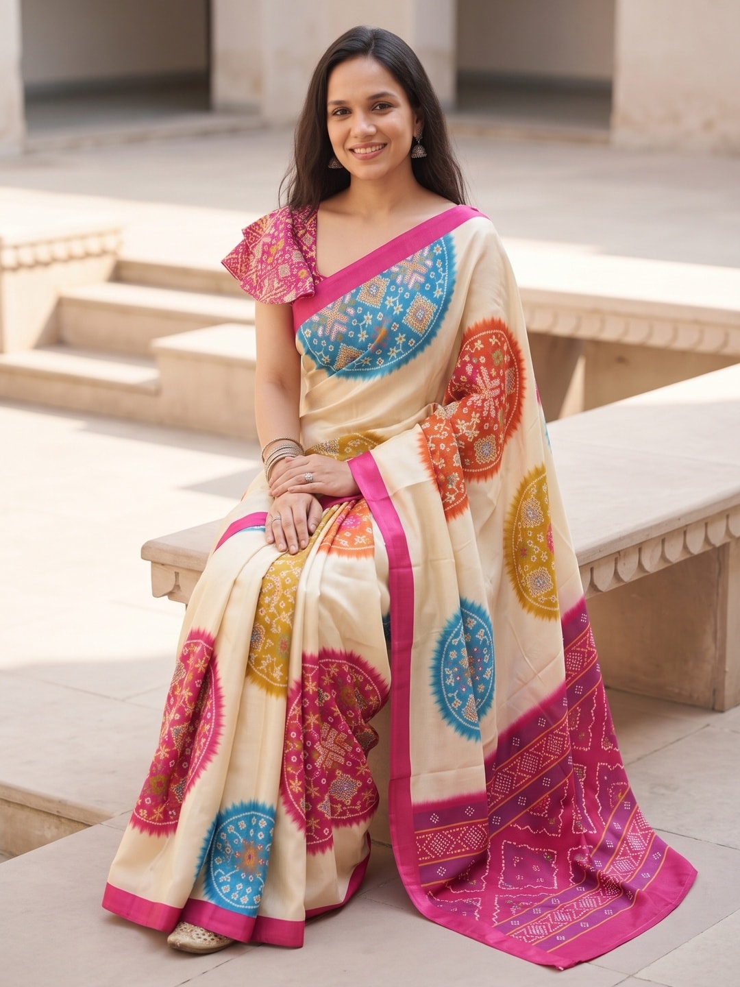 Peachmode Pink Patola Print Chinon Saree - Image 4