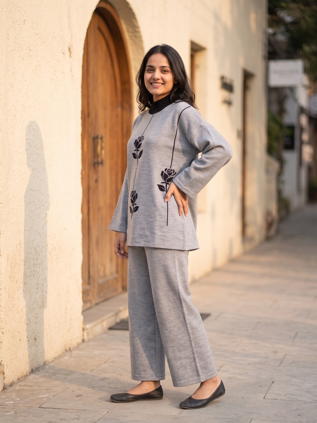 Peachmode Grey Woolen Co-ord Set with Rose Jacquard Top and Palazzo - Image 3
