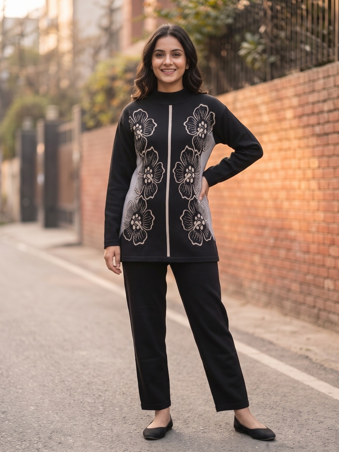 Peachmode Black Woolen Co-ord Set with Floral Jacquard Top and Pants - Image 1