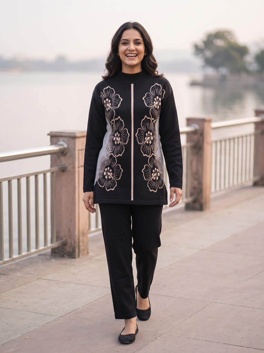 Peachmode Black Woolen Co-ord Set with Floral Jacquard Top and Pants - Image 2