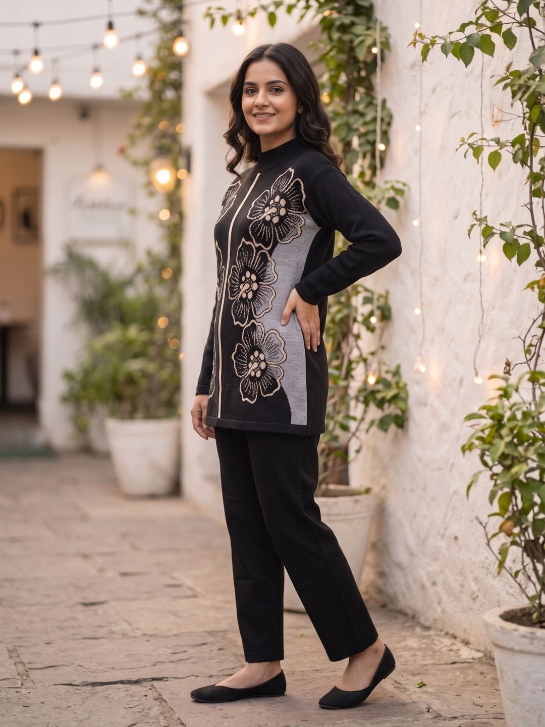 Peachmode Black Woolen Co-ord Set with Floral Jacquard Top and Pants - Image 3