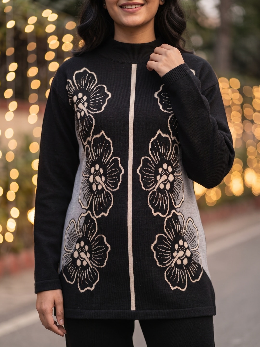Peachmode Black Woolen Co-ord Set with Floral Jacquard Top and Pants - Image 5