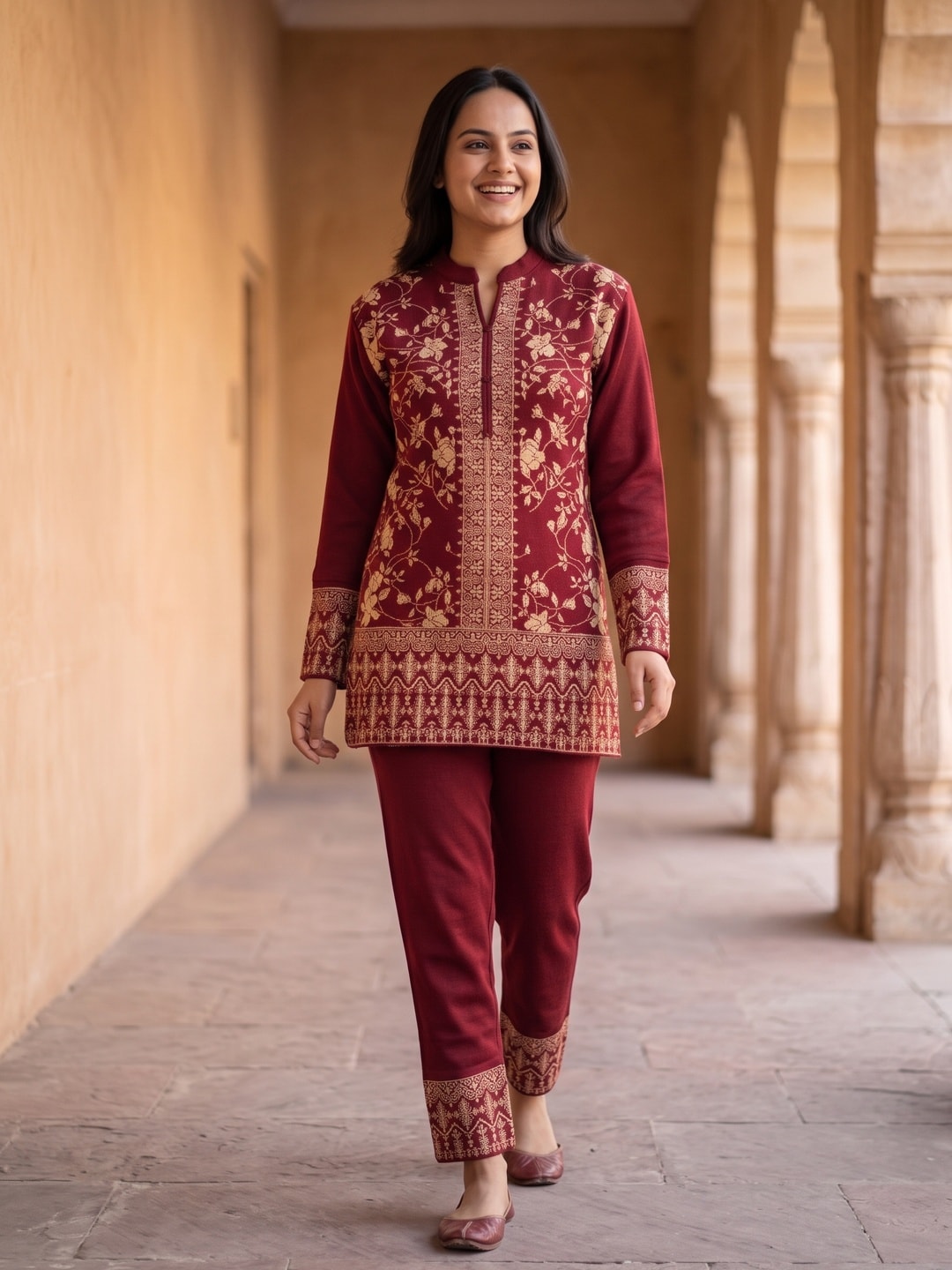 Peachmode Maroon Woolen Co-ord Set with Embroidered Short Kurta and Pants - Image 2
