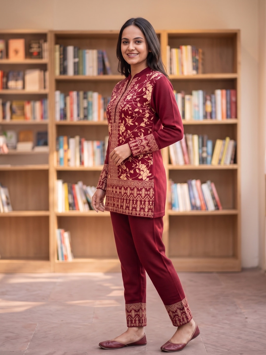 Peachmode Maroon Woolen Co-ord Set with Embroidered Short Kurta and Pants - Image 3