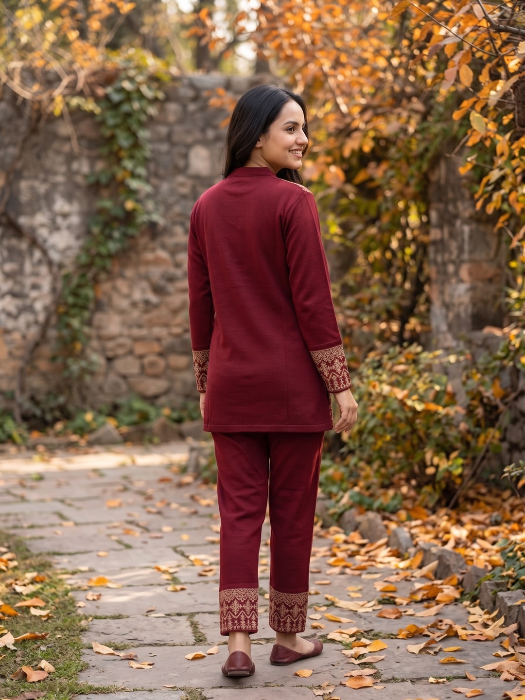 Peachmode Maroon Woolen Co-ord Set with Embroidered Short Kurta and Pants - Image 4