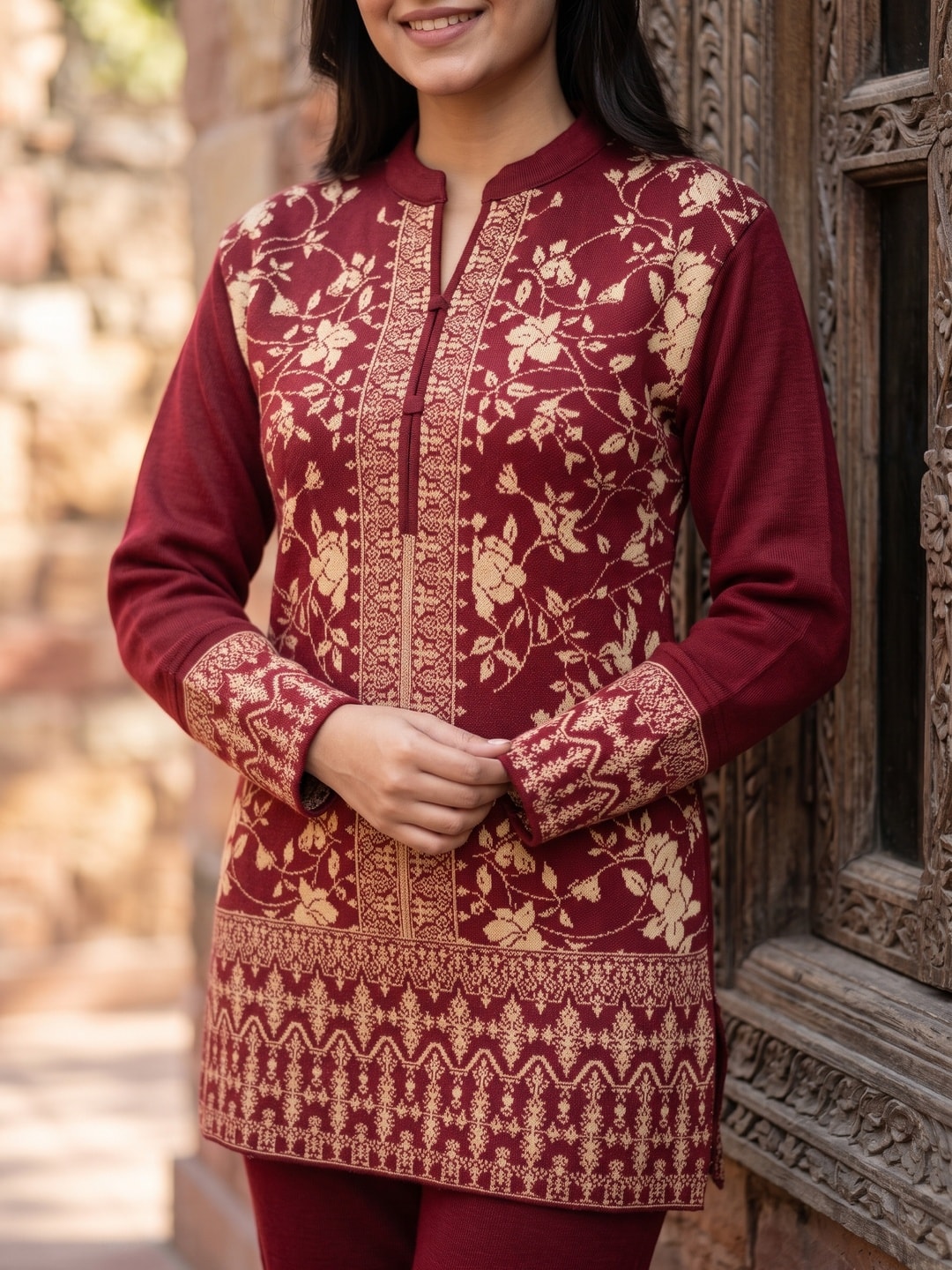 Peachmode Maroon Woolen Co-ord Set with Embroidered Short Kurta and Pants - Image 5