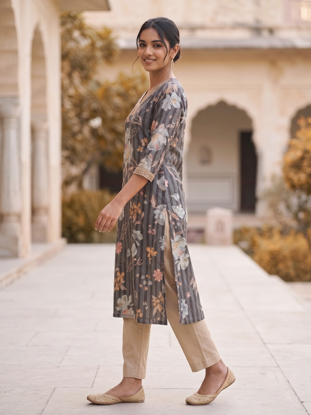 Peachmode Grey Rayon Floral Striped Print Kurti with Embellished V Neck - Image 3