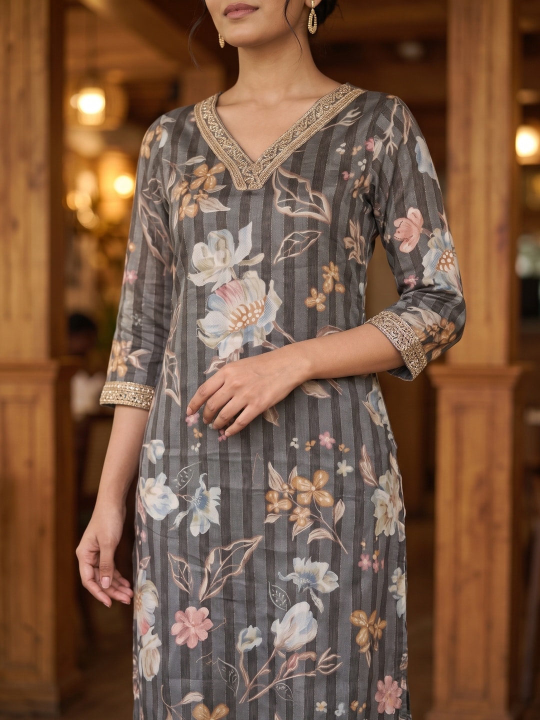 Peachmode Grey Rayon Floral Striped Print Kurti with Embellished V Neck - Image 5