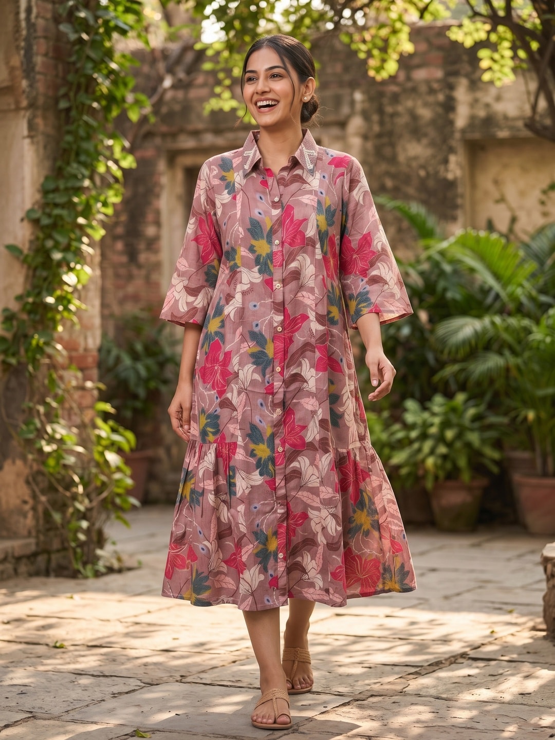 Peachmode Rani Pink Muslin Floral Print Collared Shirt Dress - Image 2