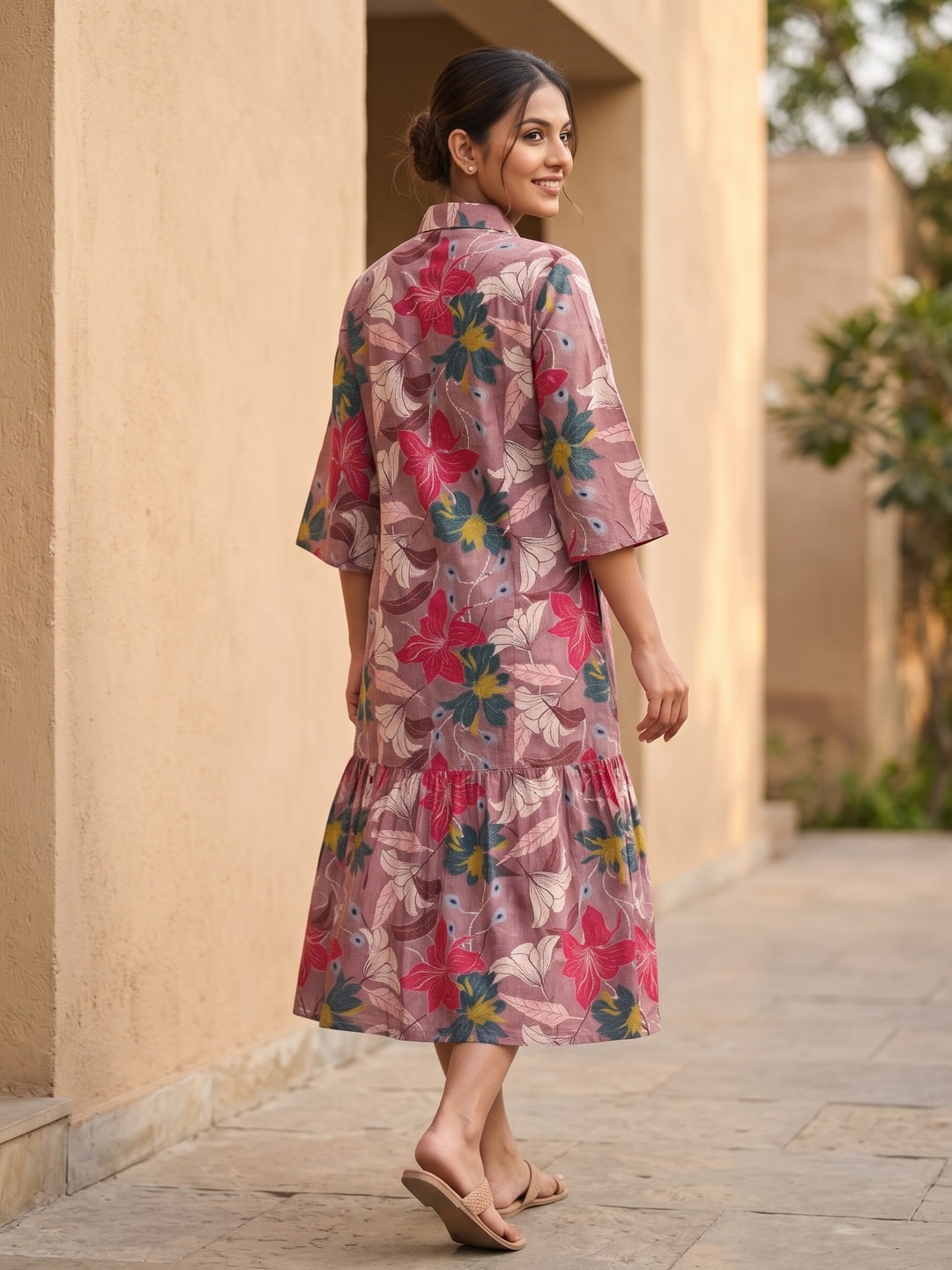 Peachmode Rani Pink Muslin Floral Print Collared Shirt Dress - Image 4