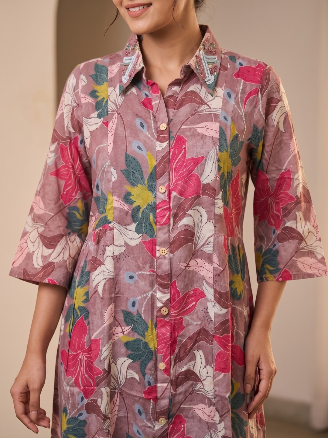 Peachmode Rani Pink Muslin Floral Print Collared Shirt Dress - Image 5