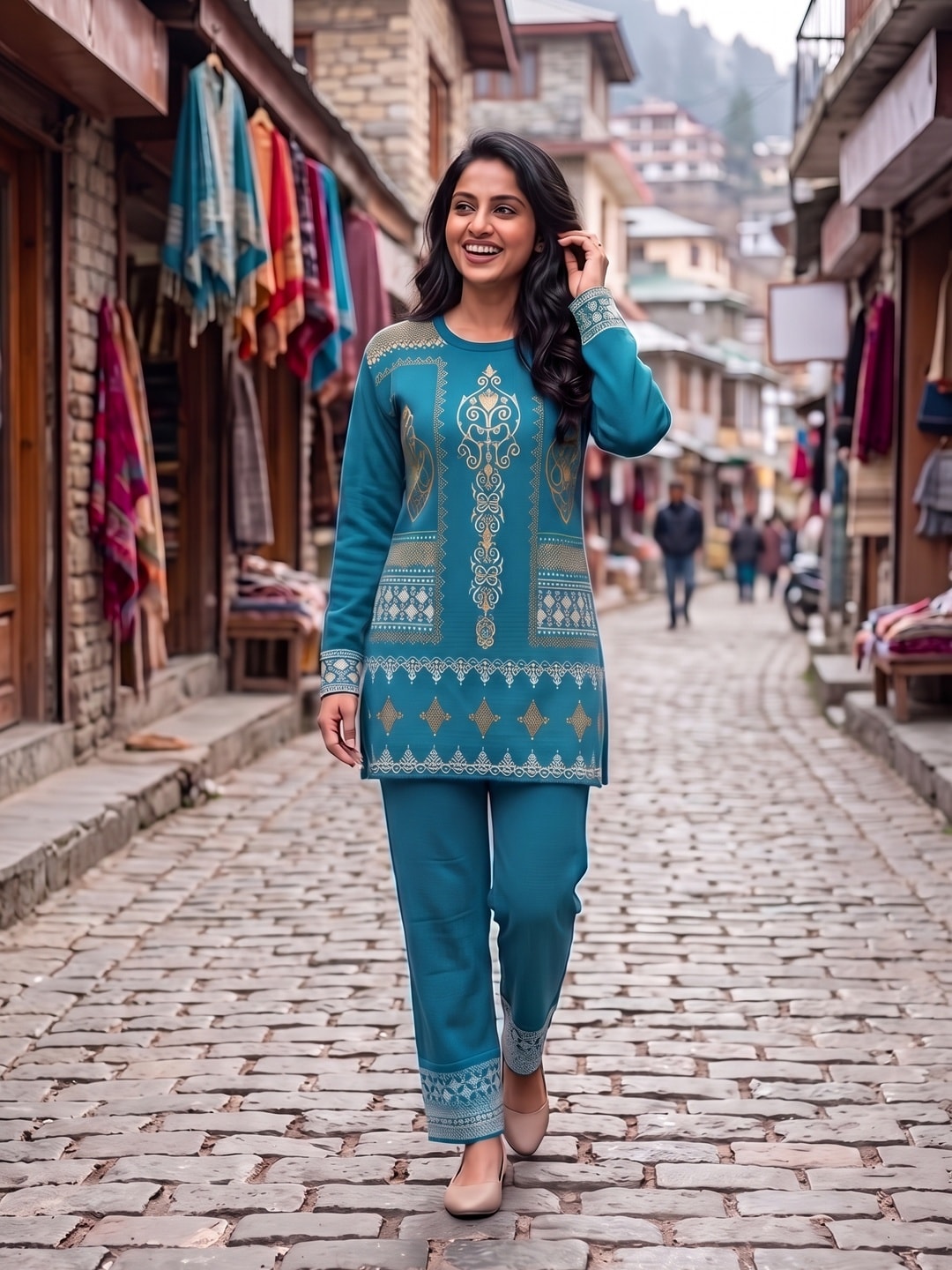 Peachmode Teal Jacquard Woolen Top and Pant Set - Image 2