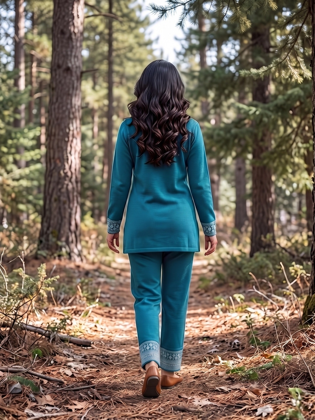 Peachmode Teal Jacquard Woolen Top and Pant Set - Image 4