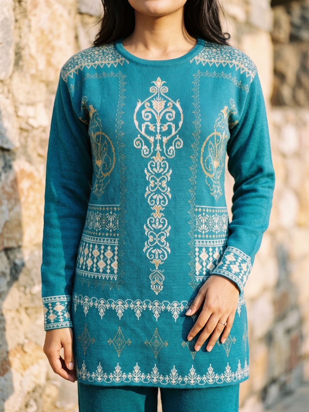 Peachmode Teal Jacquard Woolen Top and Pant Set - Image 5