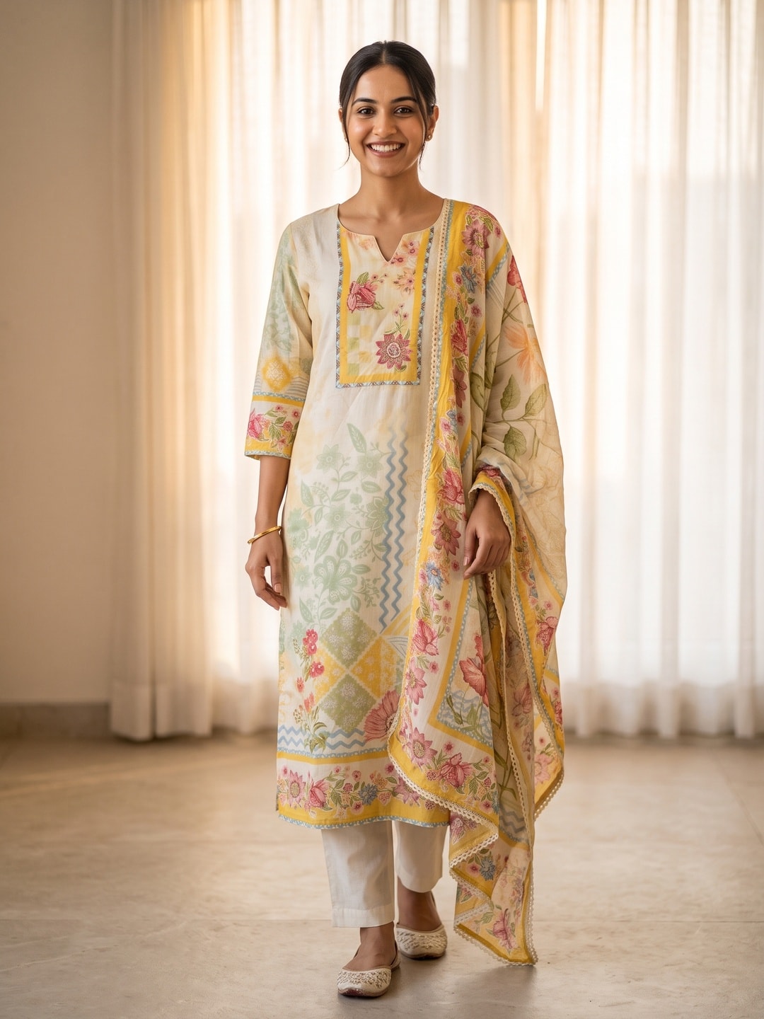 Peachmode Cream Muslin Digital Print Salwar Suit with Printed Dupatta - Image 1