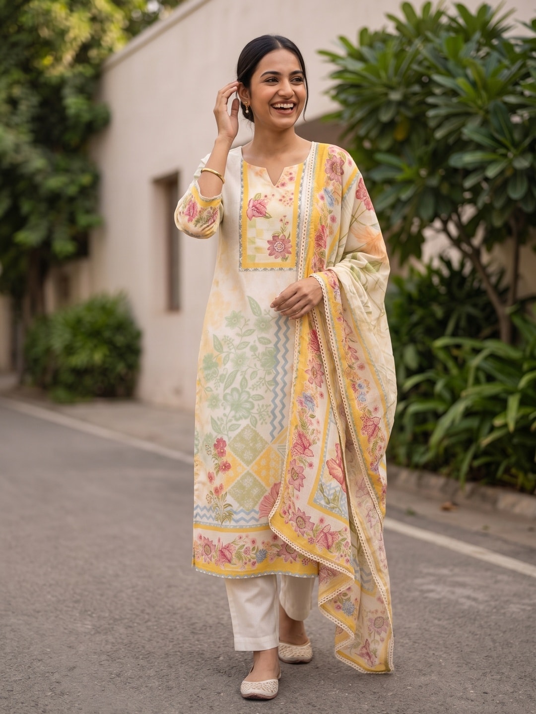 Peachmode Cream Muslin Digital Print Salwar Suit with Printed Dupatta - Image 2