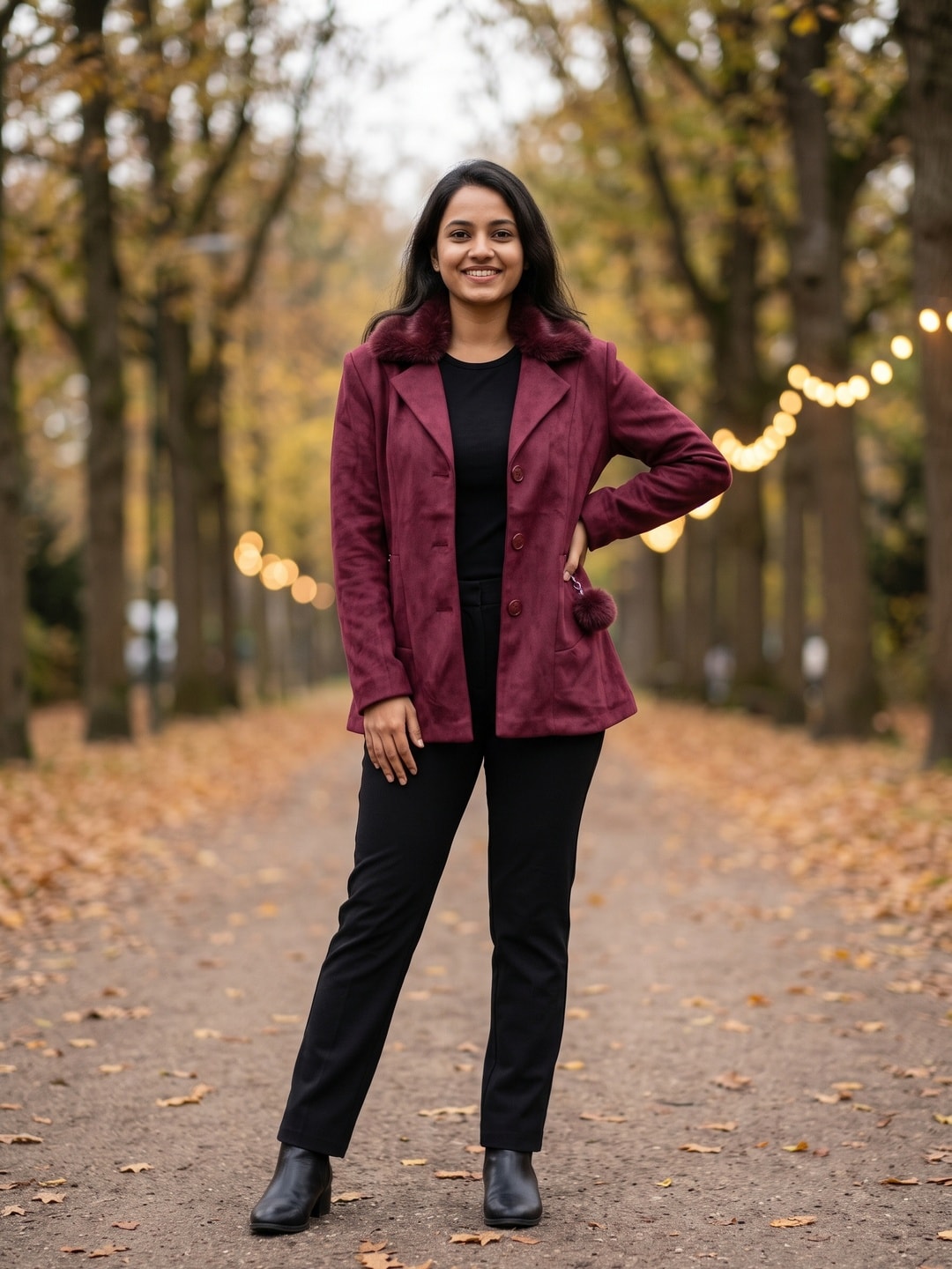 Peachmode Wine Woolen Blazer with Faux Fur Collar and Pom Pom Charm - Image 1