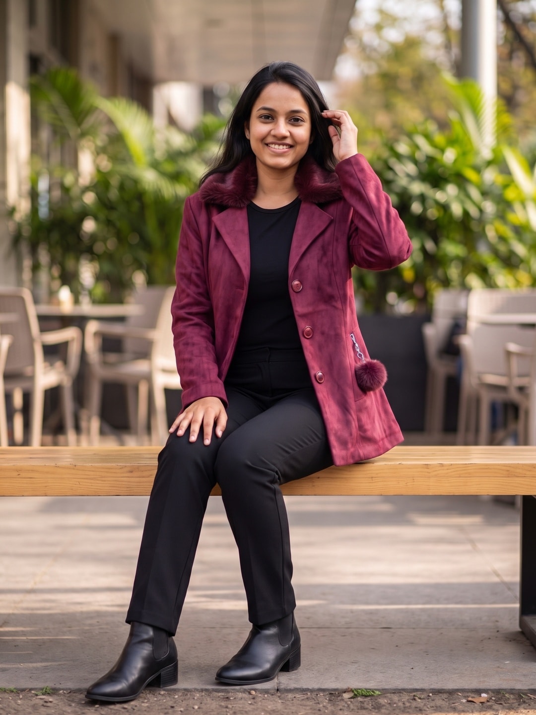 Peachmode Wine Woolen Blazer with Faux Fur Collar and Pom Pom Charm - Image 2