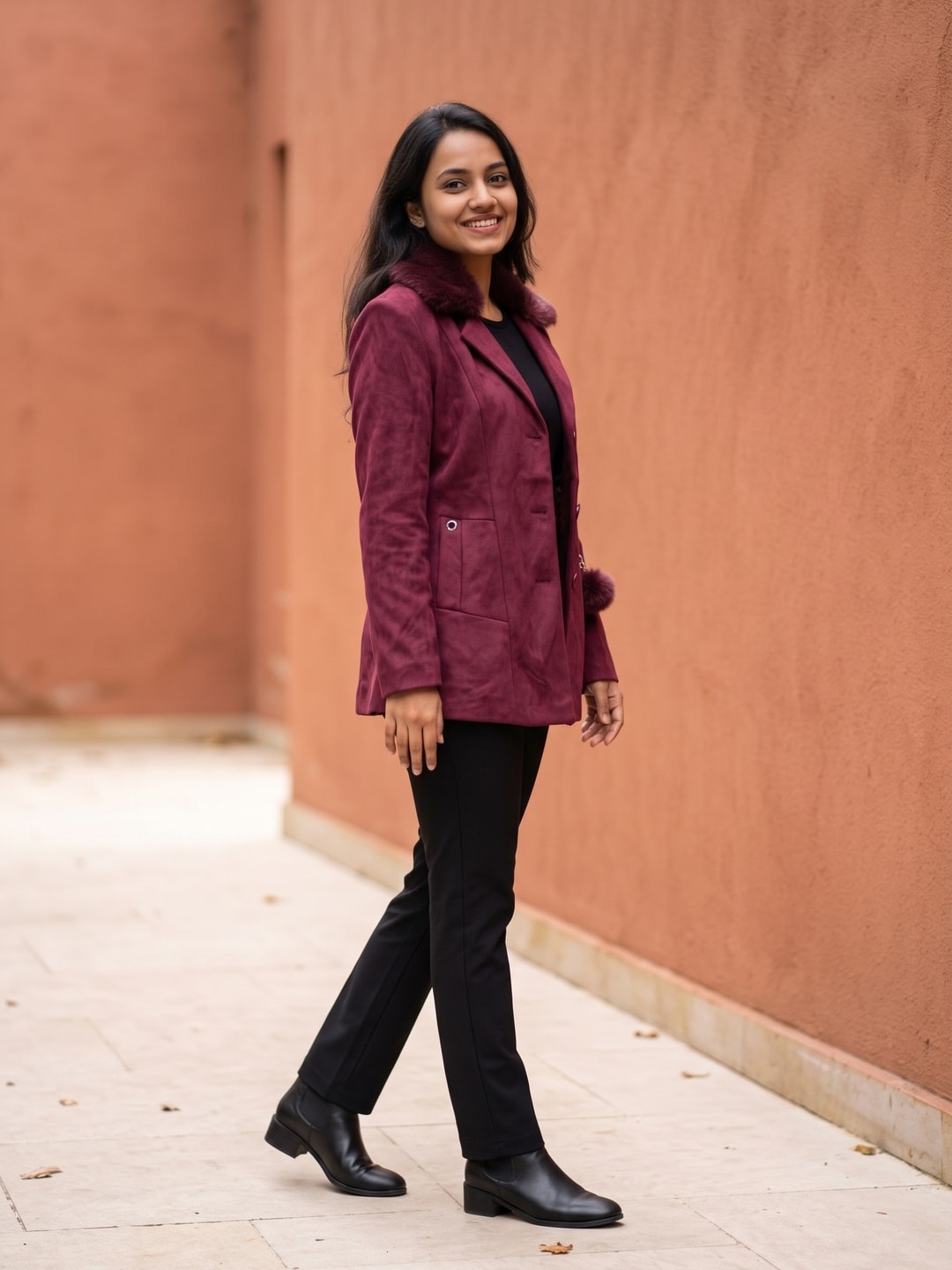 Peachmode Wine Woolen Blazer with Faux Fur Collar and Pom Pom Charm - Image 3