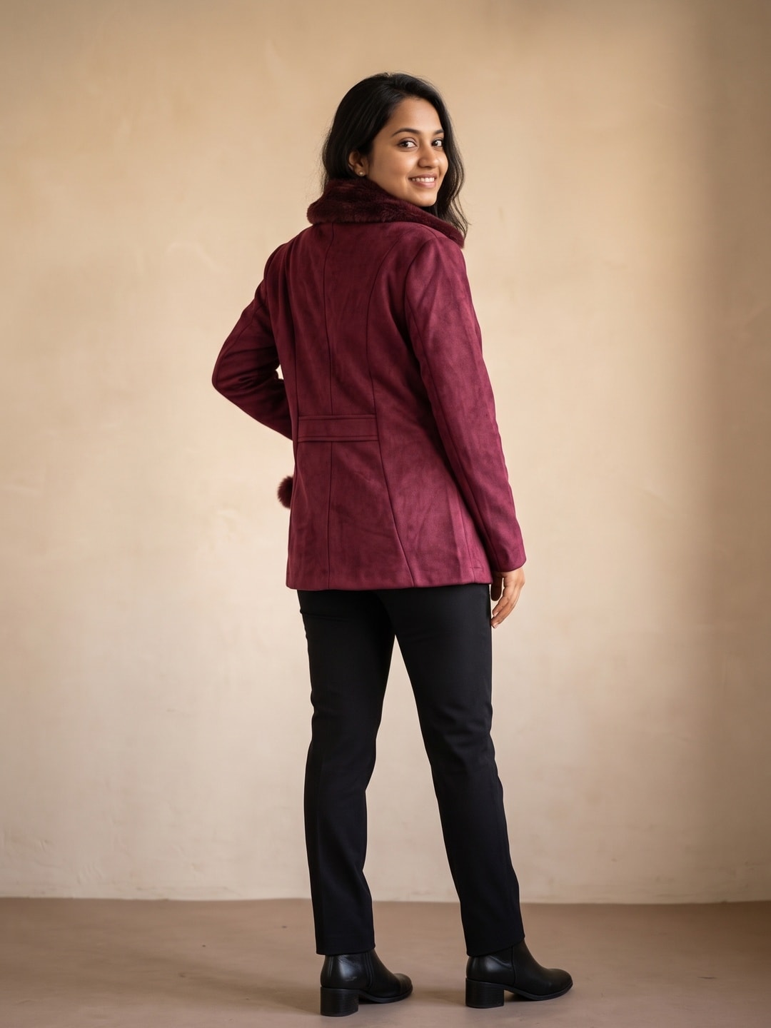 Peachmode Wine Woolen Blazer with Faux Fur Collar and Pom Pom Charm - Image 4