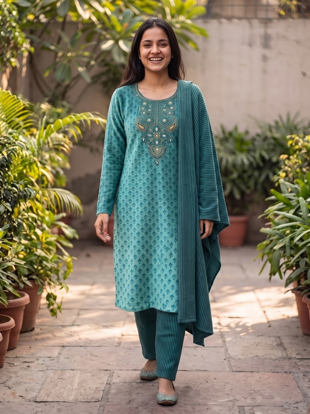 Peachmode Teal Woolen Salwar Suit with Embroidered Yoke and Shawl Dupatta - Image 2