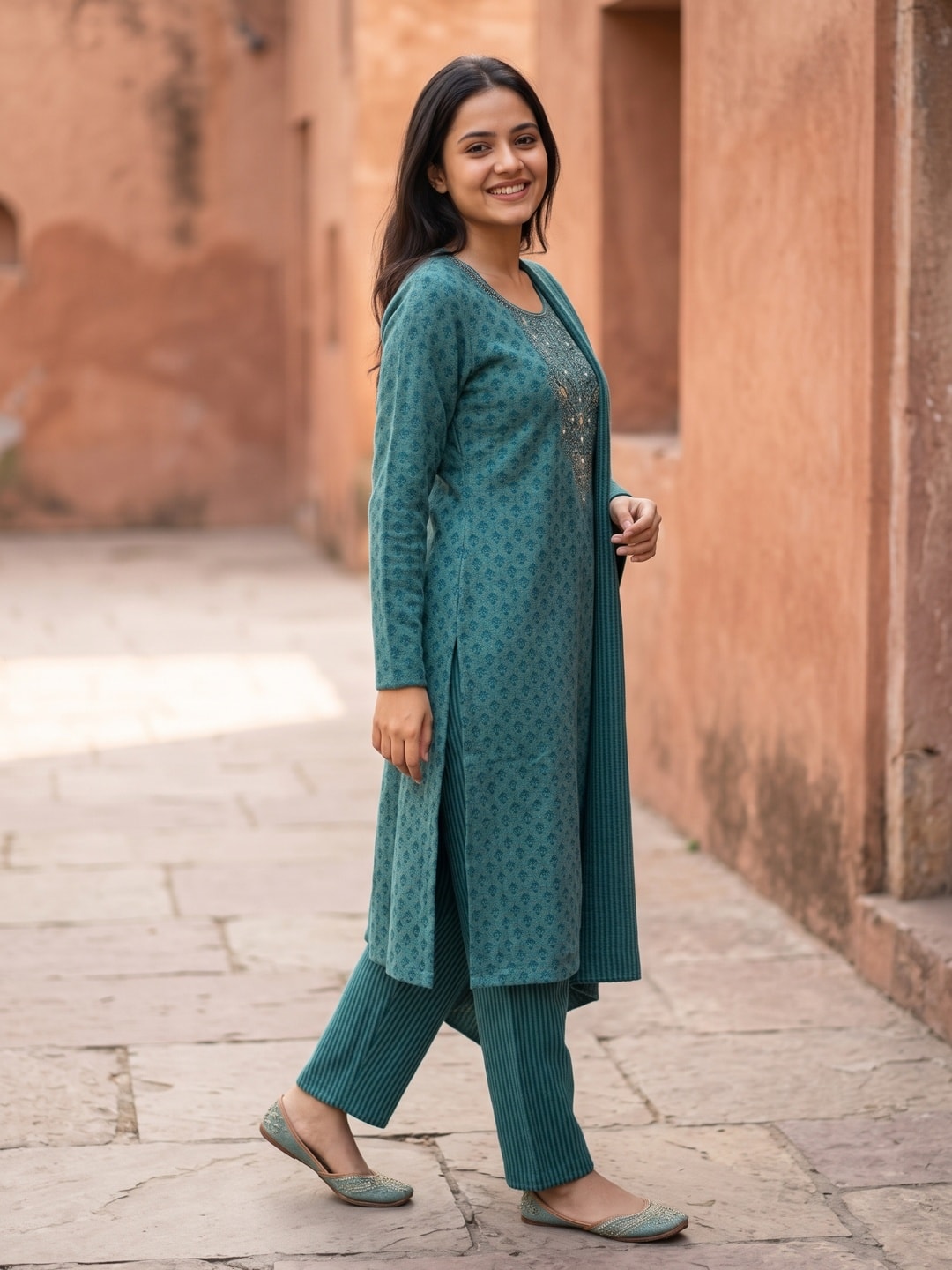 Peachmode Teal Woolen Salwar Suit with Embroidered Yoke and Shawl Dupatta - Image 3