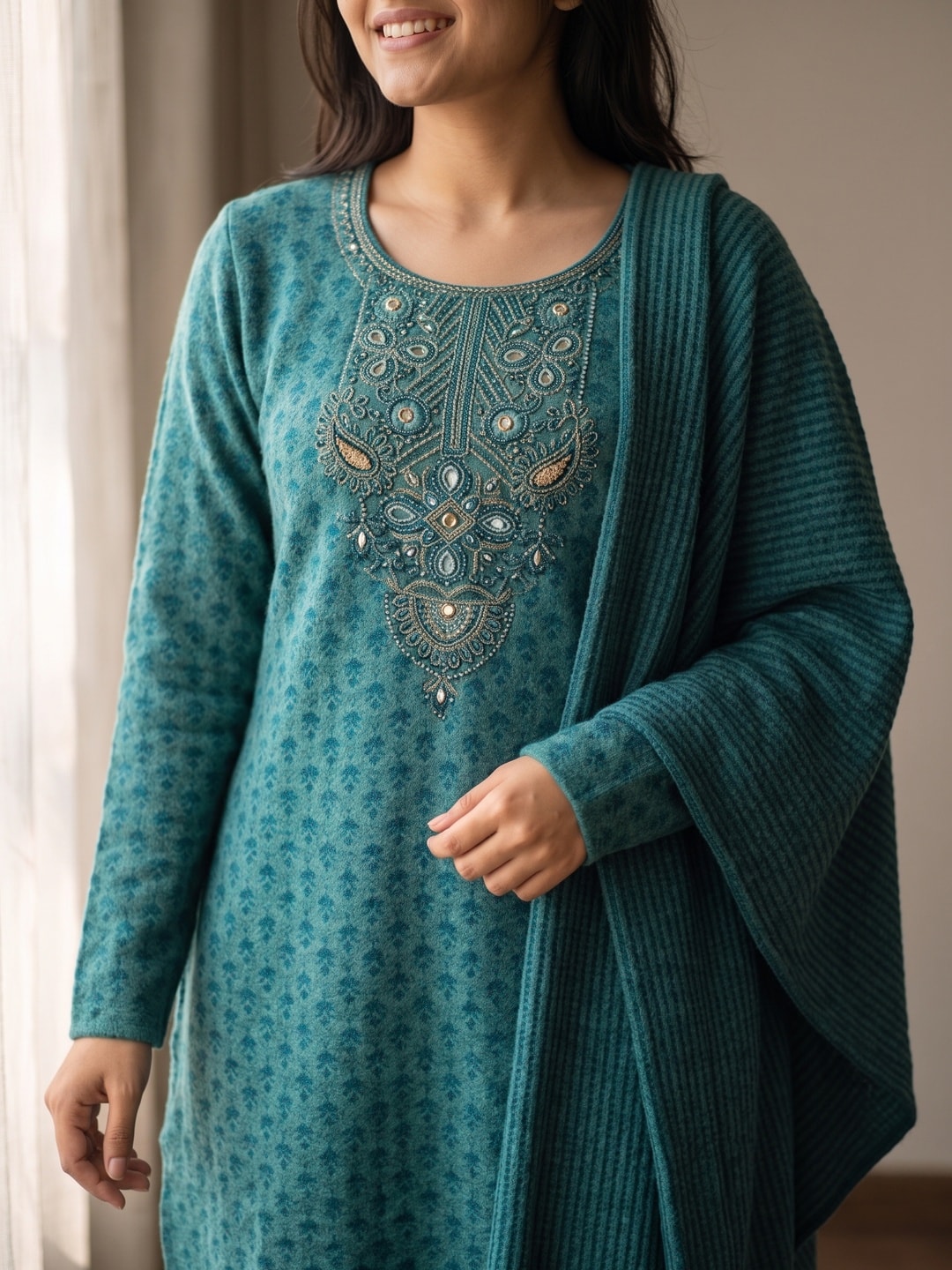 Peachmode Teal Woolen Salwar Suit with Embroidered Yoke and Shawl Dupatta - Image 5