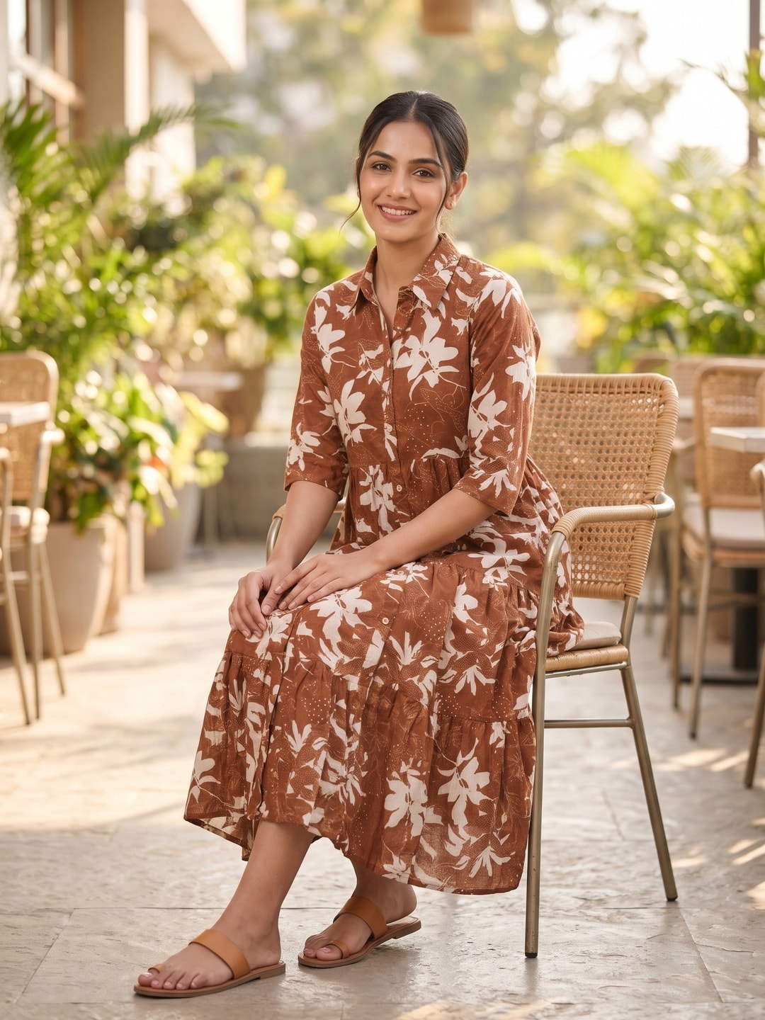 Peachmode Brown Floral Print Tiered Muslin Shirt Dress - Image 2