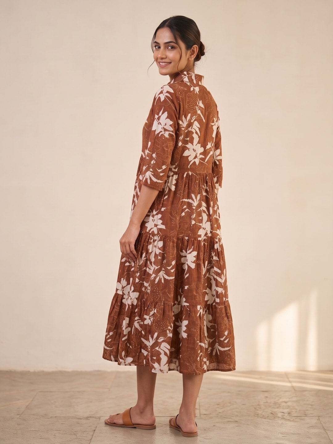 Peachmode Brown Floral Print Tiered Muslin Shirt Dress - Image 4