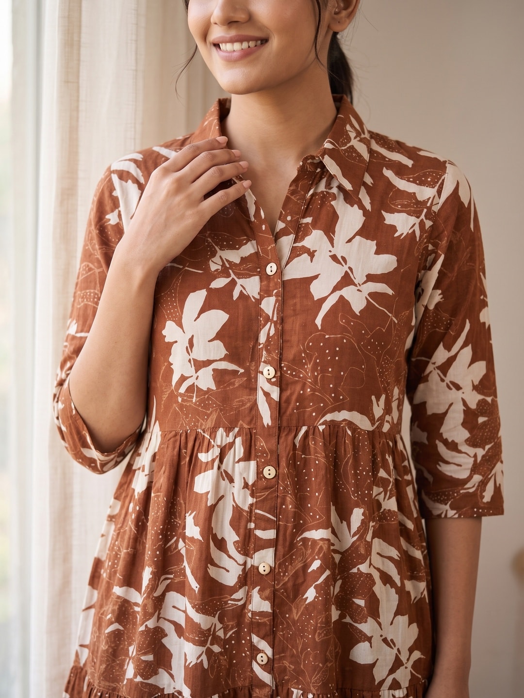 Peachmode Brown Floral Print Tiered Muslin Shirt Dress - Image 5