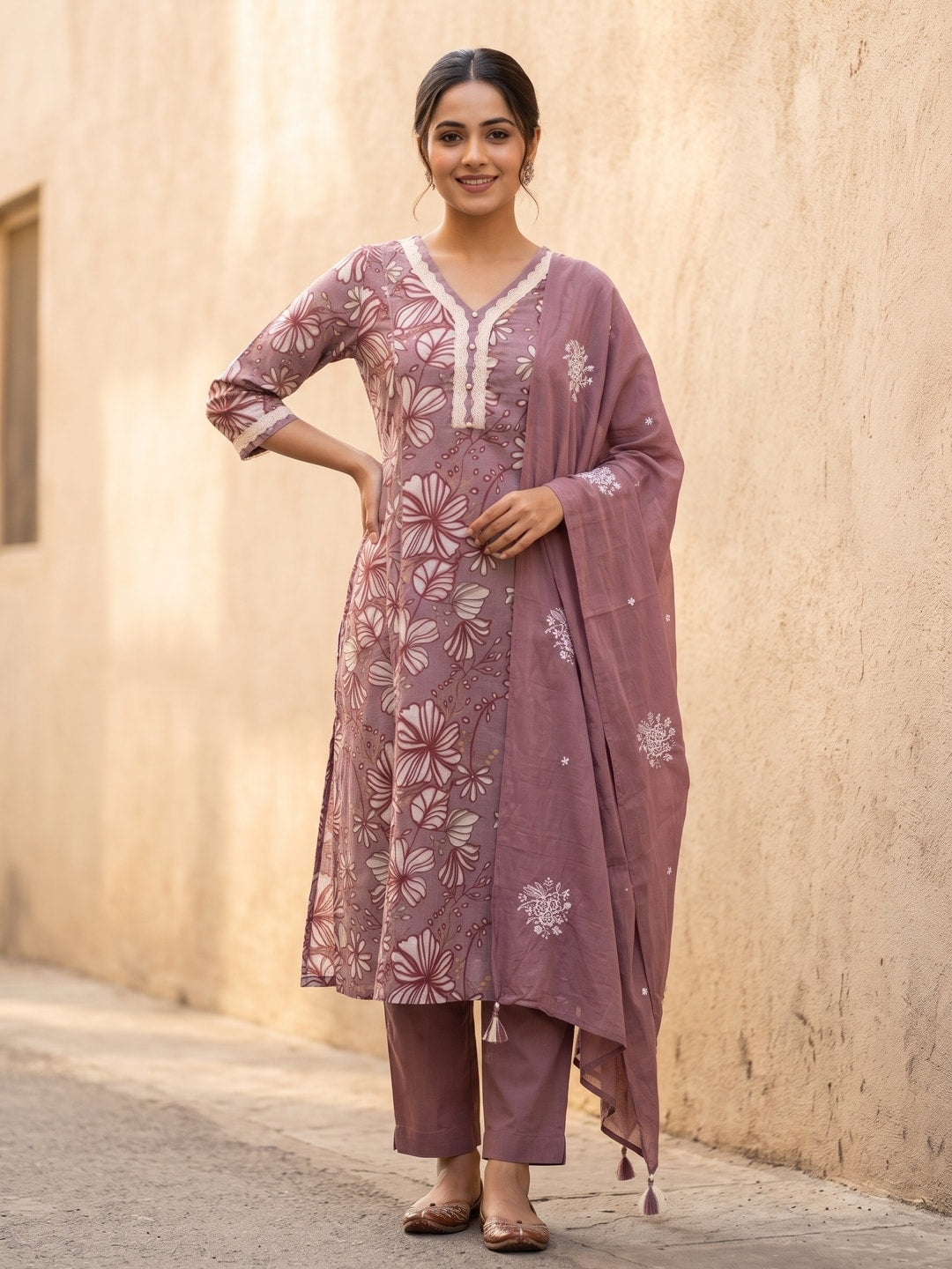 Peachmode Wine Cotton Salwar Suit - Image 1