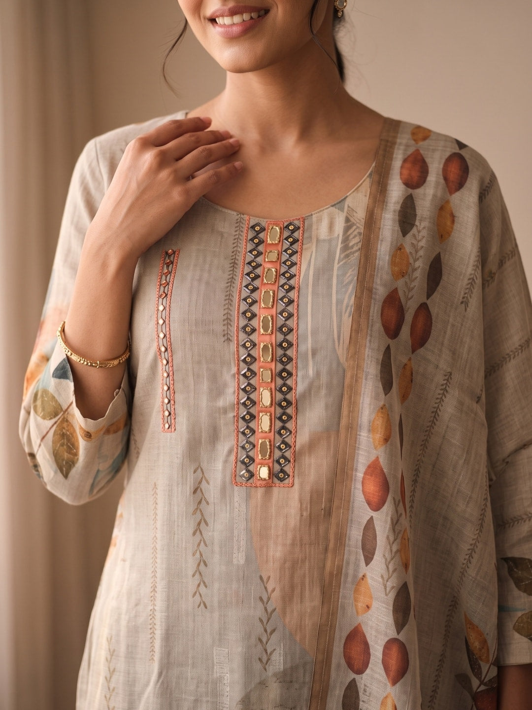 Peachmode Grey Abstract Leaf Print Cotton Linen Salwar Suit with Dupatta - Image 5