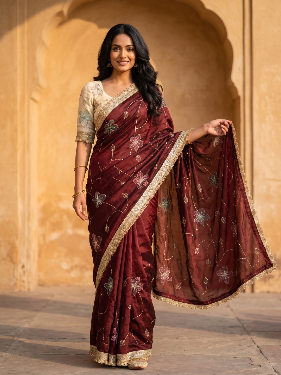 Peachmode Maroon Satin Saree With Rainbow Floral Sequin Work And Lace Border - Image 1