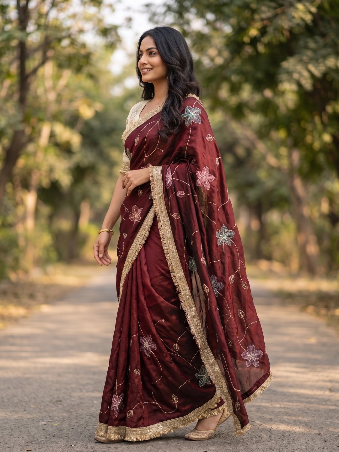 Peachmode Maroon Satin Saree With Rainbow Floral Sequin Work And Lace Border - Image 3