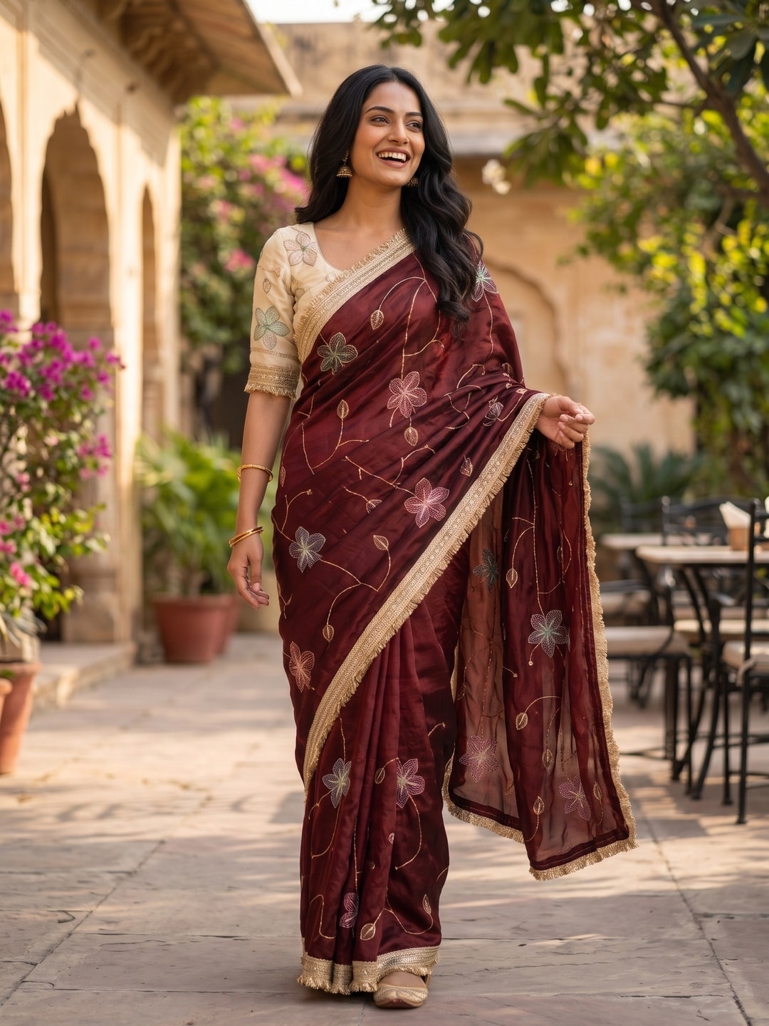 Peachmode Maroon Satin Saree With Rainbow Floral Sequin Work And Lace Border - Image 4