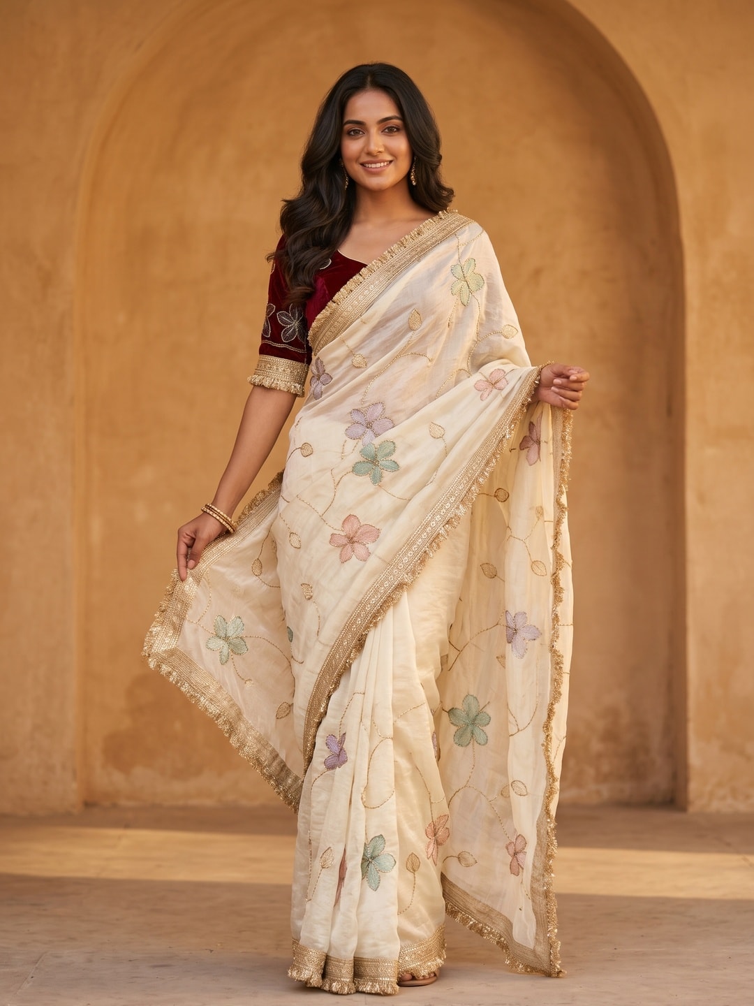 Peachmode Cream Satin Saree With Rainbow Floral Sequin Work And Lace Border - Image 1