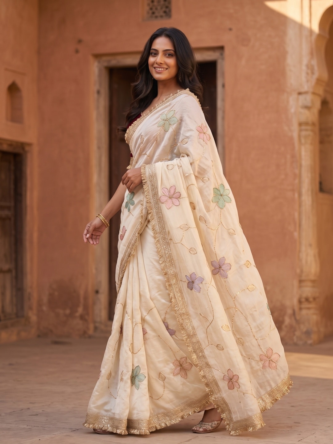 Peachmode Cream Satin Saree With Rainbow Floral Sequin Work And Lace Border - Image 3