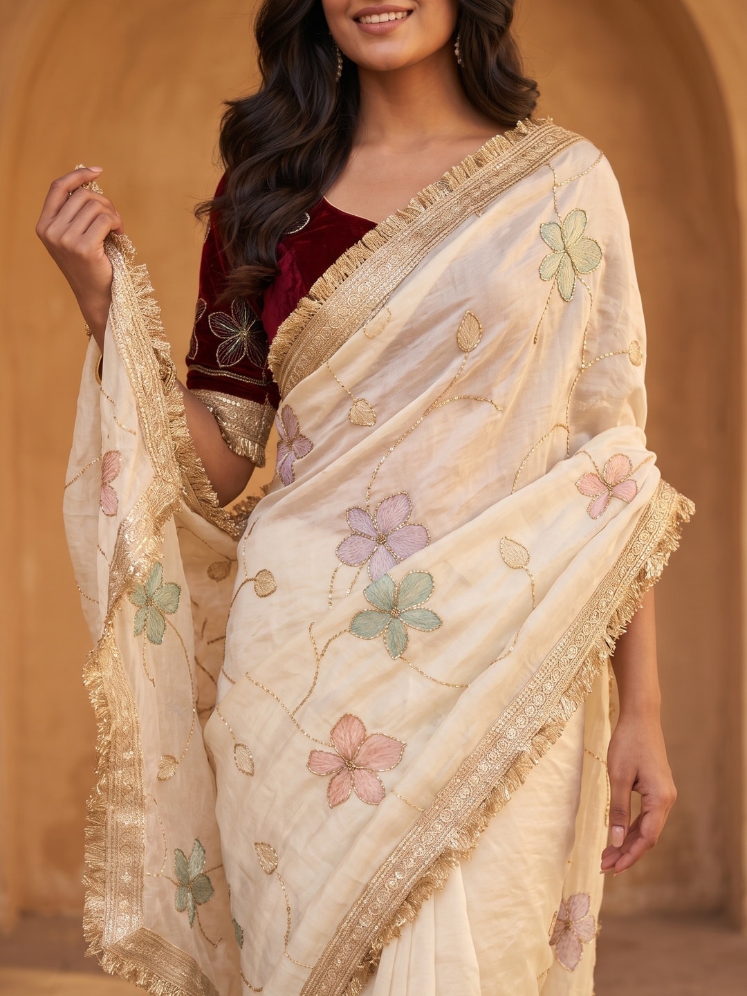 Peachmode Cream Satin Saree With Rainbow Floral Sequin Work And Lace Border - Image 5