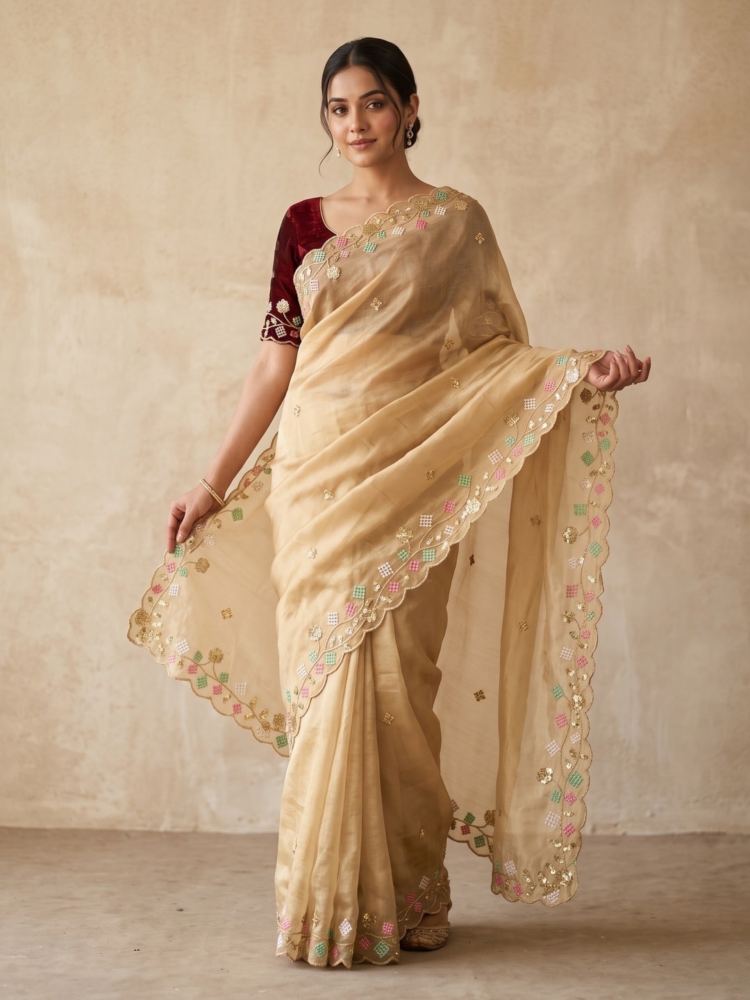Peachmode Gold Satin Saree With Multi Thread Floral Embroidery And Scalloped Cut Border - Image 1