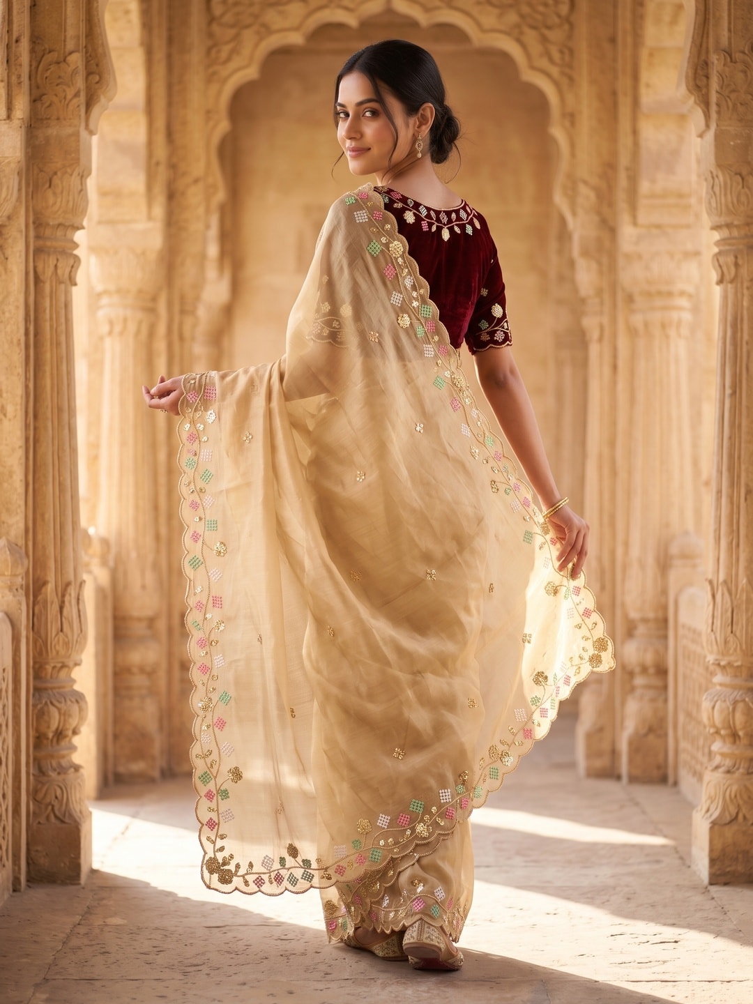 Peachmode Gold Satin Saree With Multi Thread Floral Embroidery And Scalloped Cut Border - Image 2