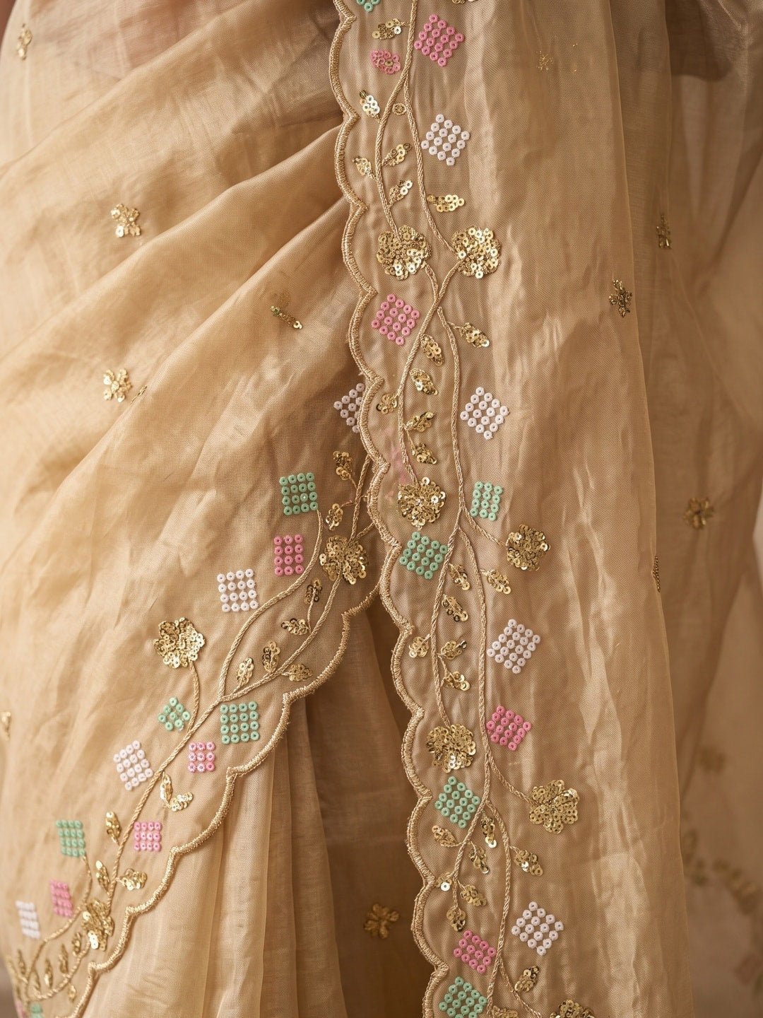 Peachmode Gold Satin Saree With Multi Thread Floral Embroidery And Scalloped Cut Border - Image 5